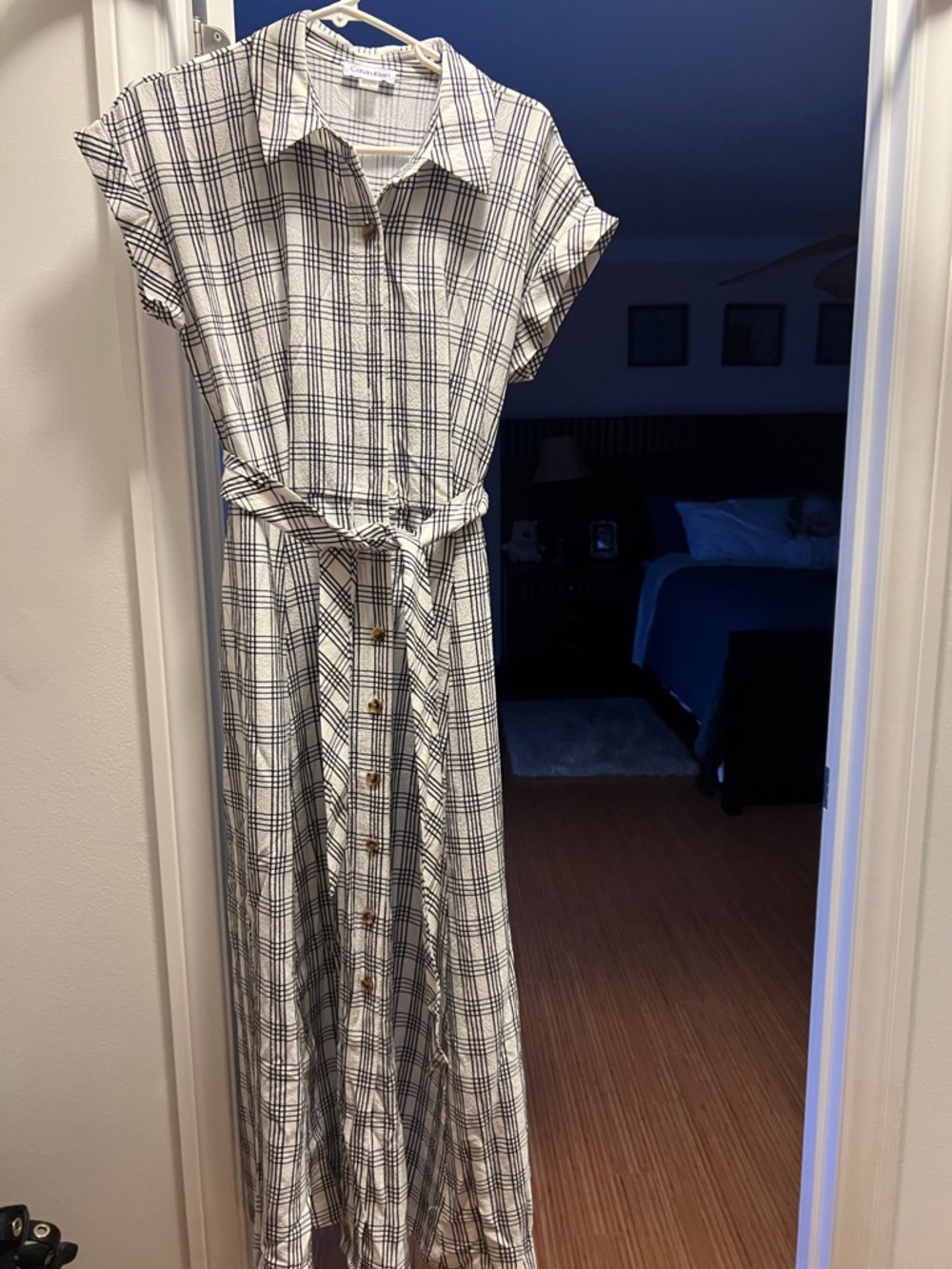 Calvin Klein White and Navy Plaid Maxi Shirt Dress